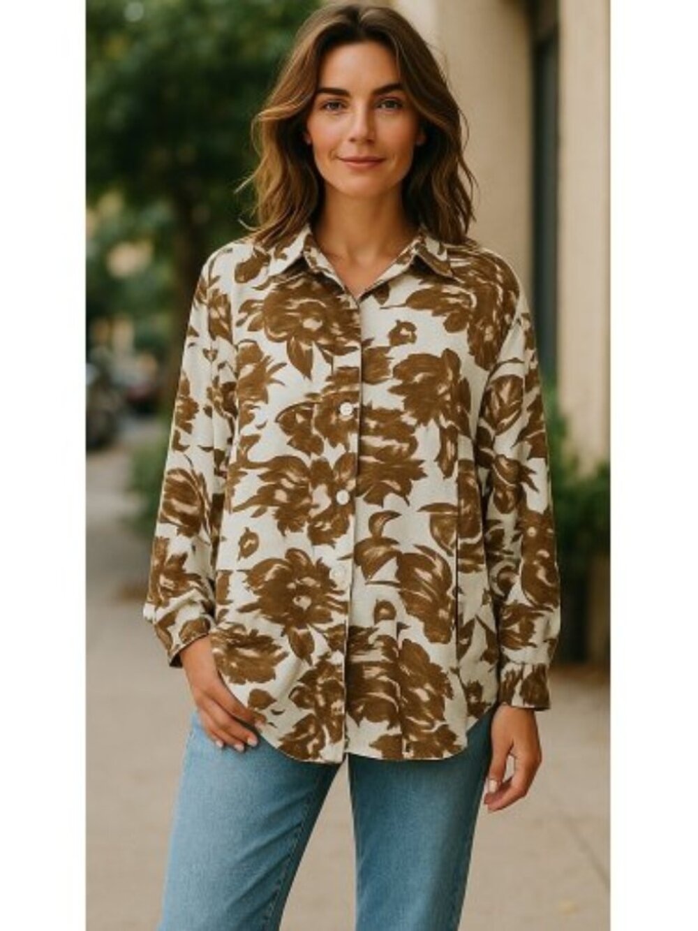 NEWPORT NEWS Brown Floral Print Long Sleeve Button Front Linen Shirt Ladies XL